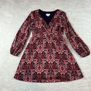 Maeve Anthro metallic patterned wrap bust belted fit and flare dress, L P